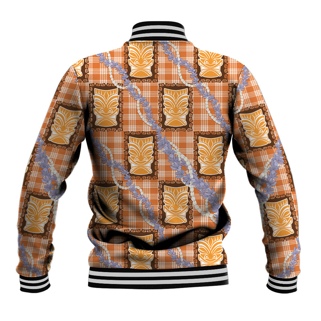 Aloha Hawaii Tiki Palaka Motifs Baseball Jacket Honohono Lei Orange Elegant Vibes