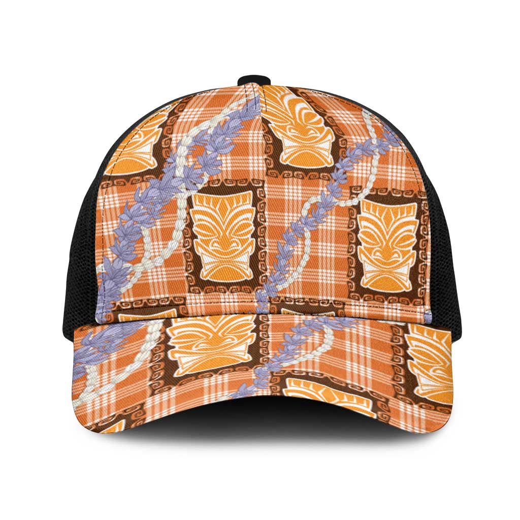 Aloha Hawaii Tiki Palaka Motifs Baseball Net Cap Honohono Lei Orange Elegant Vibes