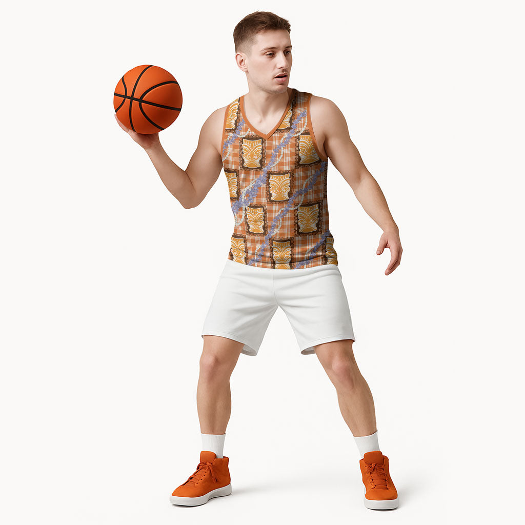 Aloha Hawaii Tiki Palaka Motifs Basketball Jersey Honohono Lei Orange Elegant Vibes