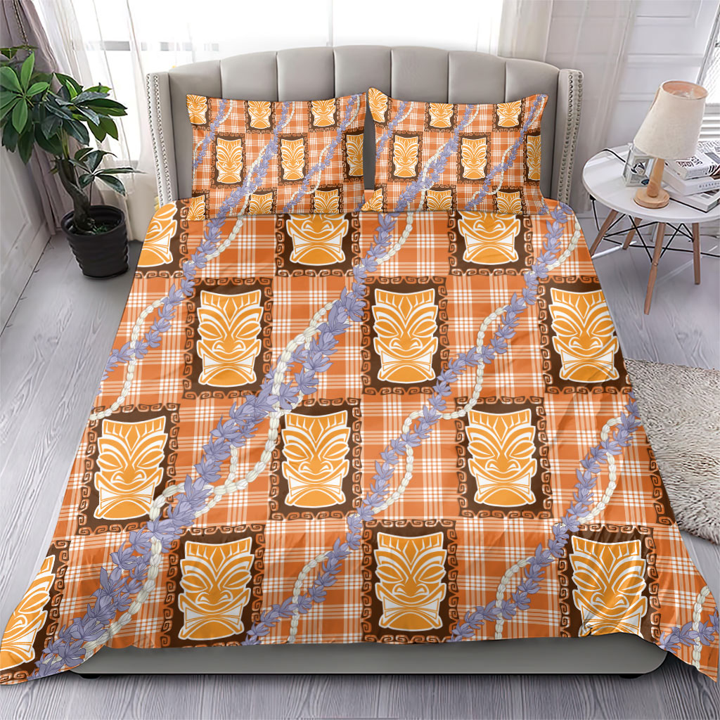 Aloha Hawaii Tiki Palaka Motifs Bedding Set Honohono Lei Orange Elegant Vibes