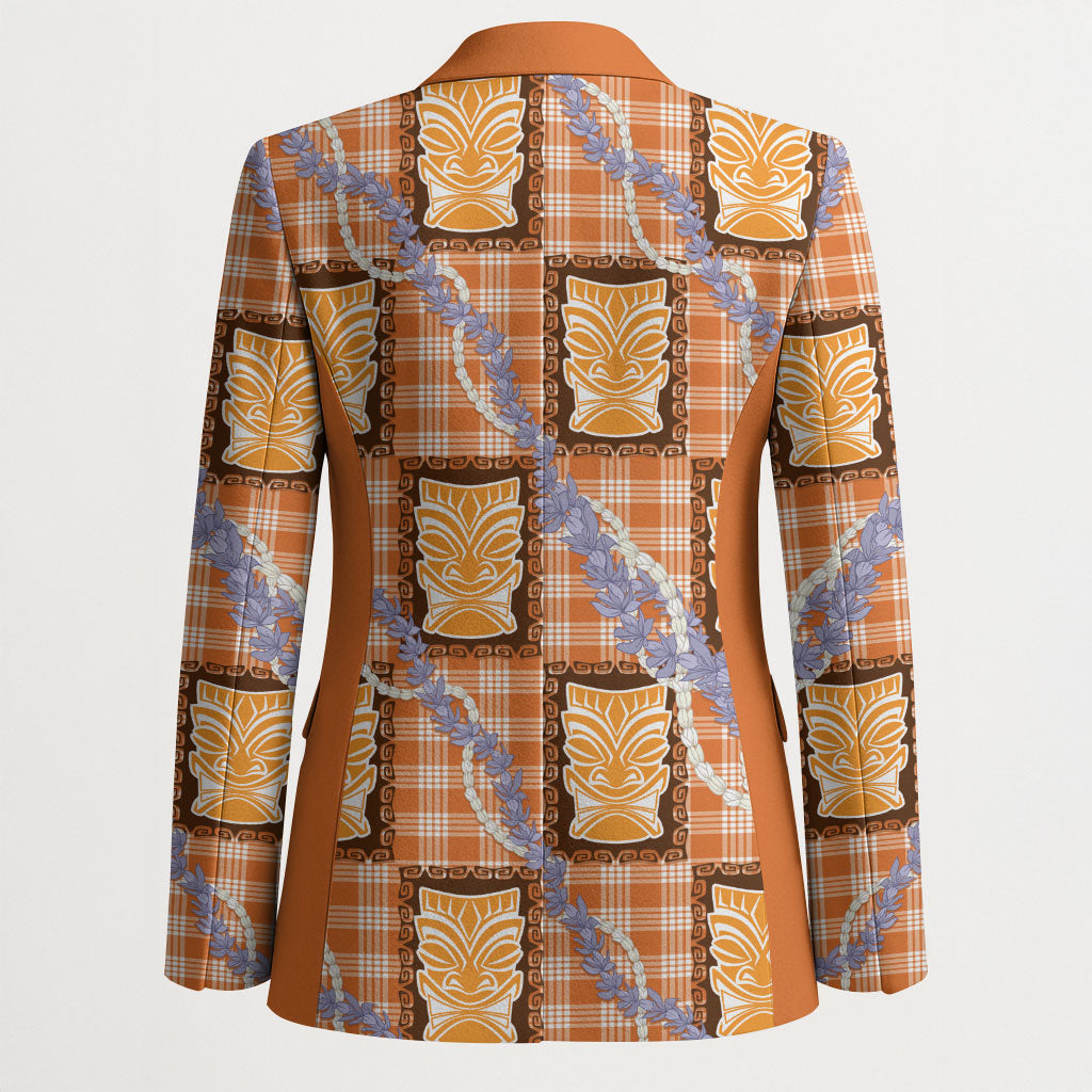 Aloha Hawaii Tiki Palaka Motifs Blazer Honohono Lei Orange Elegant Vibes