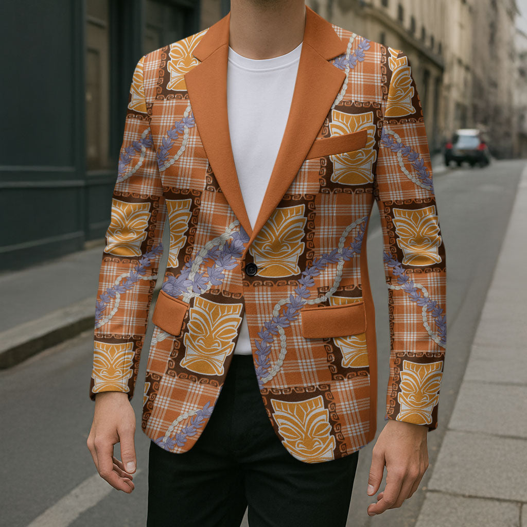 Aloha Hawaii Tiki Palaka Motifs Blazer Honohono Lei Orange Elegant Vibes
