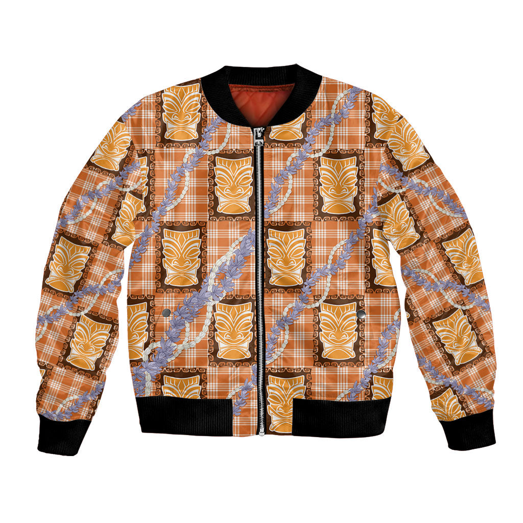 Aloha Hawaii Tiki Palaka Motifs Bomber Jacket Honohono Lei Orange Elegant Vibes