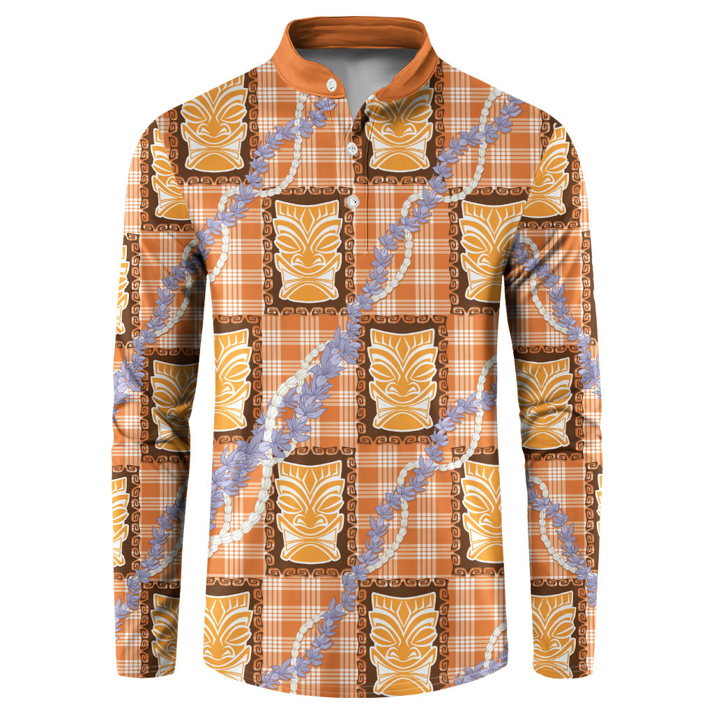 Aloha Hawaii Tiki Palaka Motifs Button Sweatshirt Honohono Lei Orange Elegant Vibes