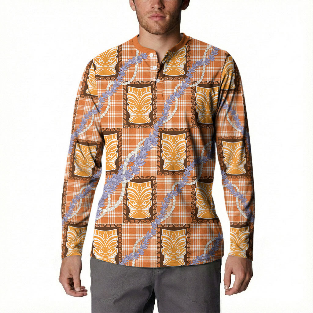 Aloha Hawaii Tiki Palaka Motifs Button Sweatshirt Honohono Lei Orange Elegant Vibes