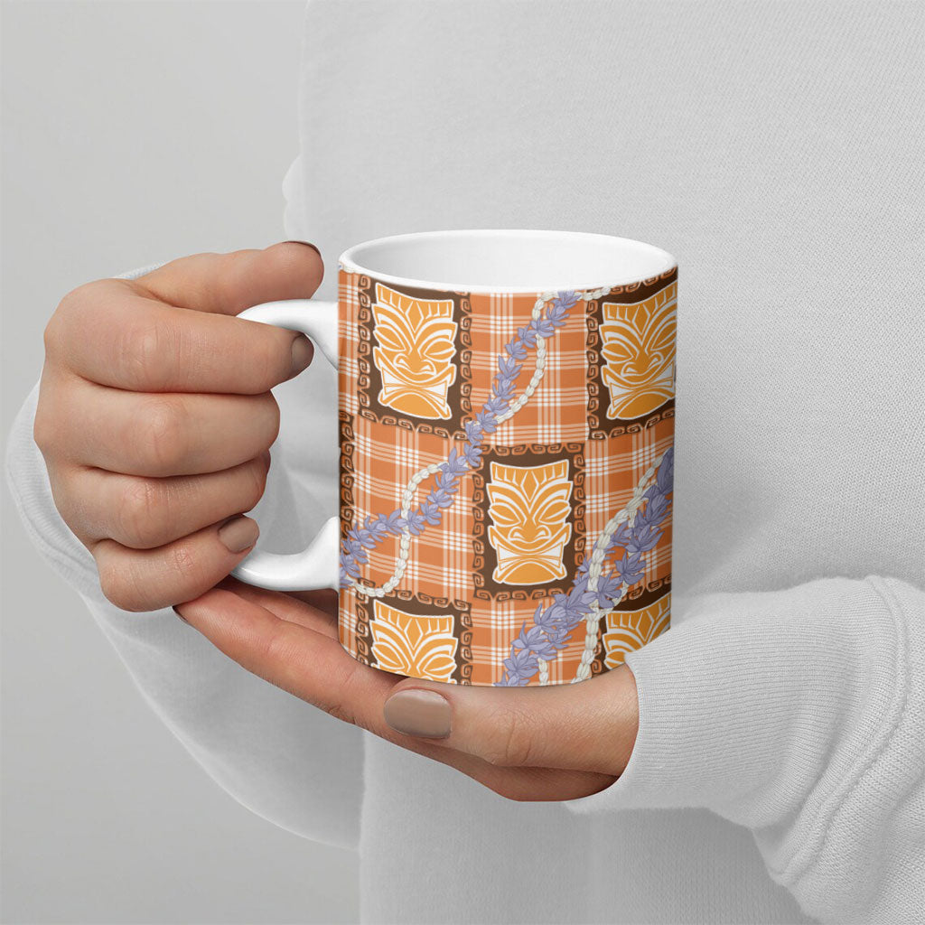 Aloha Hawaii Tiki Palaka Motifs Ceramic Mug Honohono Lei Orange Elegant Vibes
