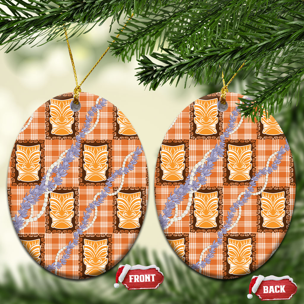 Aloha Hawaii Tiki Palaka Motifs Ceramic Ornament Honohono Lei Orange Elegant Vibes