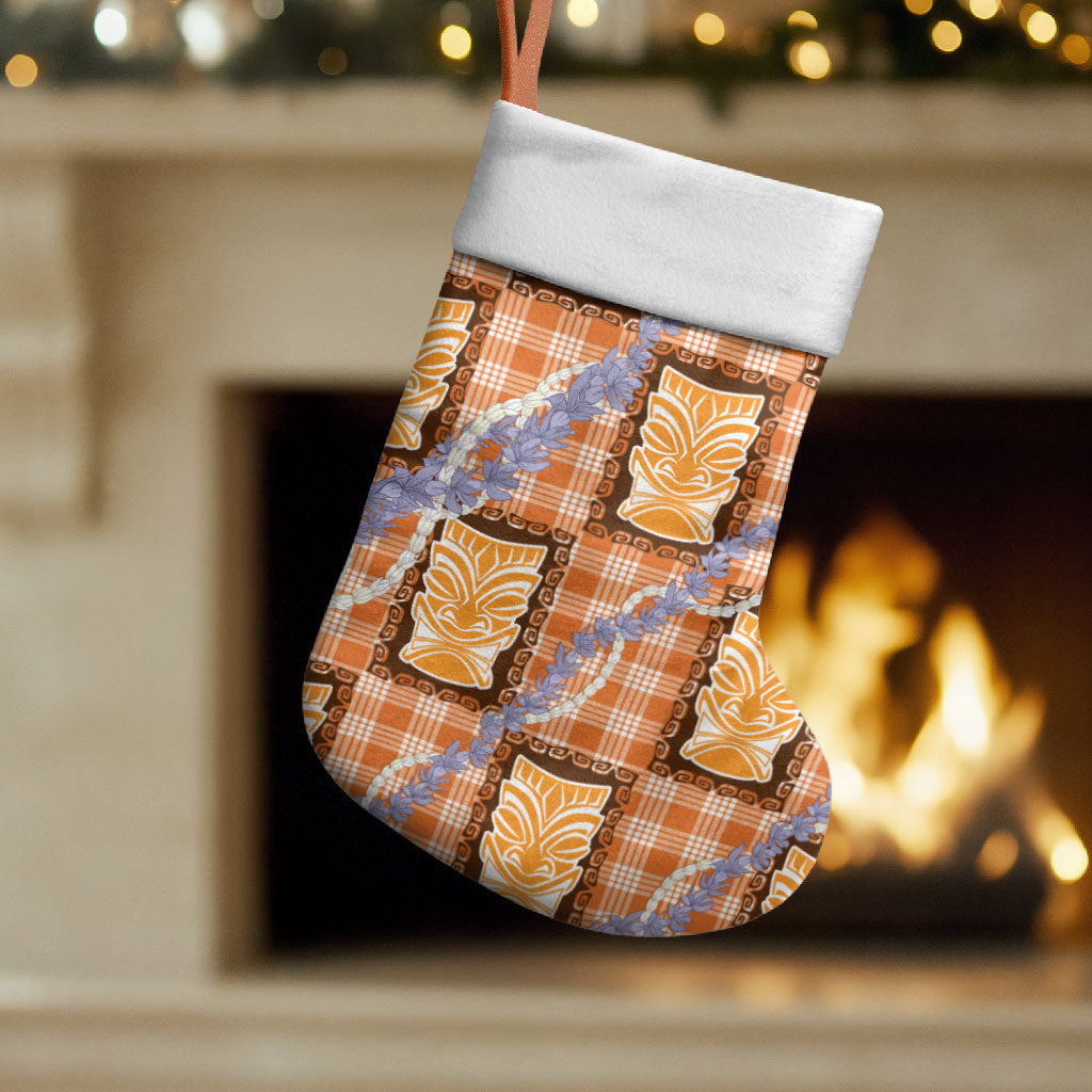 Aloha Hawaii Tiki Palaka Motifs Christmas Stocking Honohono Lei Orange Elegant Vibes