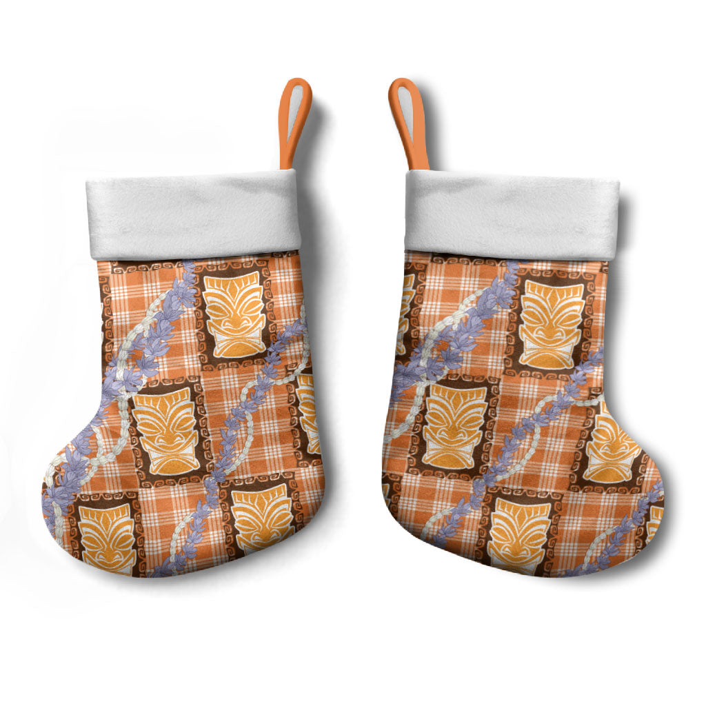 Aloha Hawaii Tiki Palaka Motifs Christmas Stocking Honohono Lei Orange Elegant Vibes