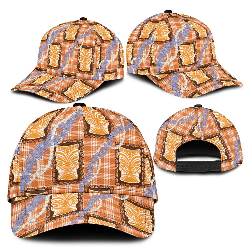 Aloha Hawaii Tiki Palaka Motifs Classic Cap Honohono Lei Orange Elegant Vibes