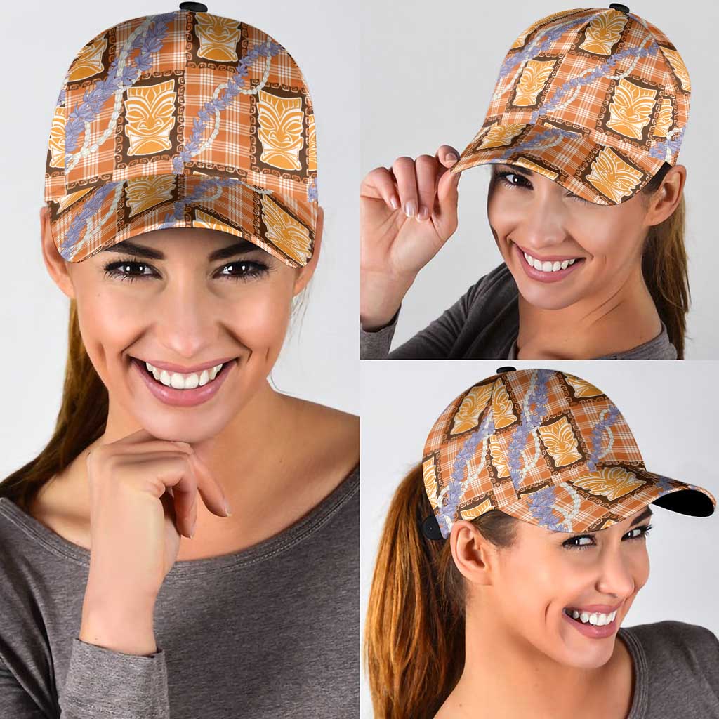 Aloha Hawaii Tiki Palaka Motifs Classic Cap Honohono Lei Orange Elegant Vibes