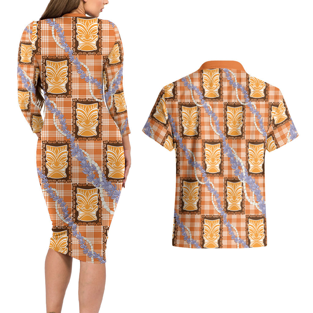 Aloha Hawaii Tiki Palaka Motifs Couples Matching Long Sleeve Bodycon Dress and Hawaiian Shirt Honohono Lei Orange Elegant Vibes LT14 - Polynesian Pride