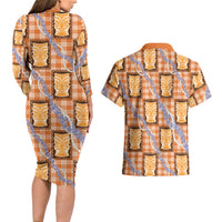 Aloha Hawaii Tiki Palaka Motifs Couples Matching Long Sleeve Bodycon Dress and Hawaiian Shirt Honohono Lei Orange Elegant Vibes LT14 - Polynesian Pride