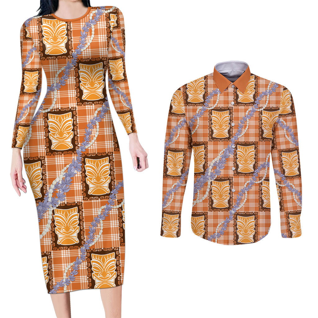 Aloha Hawaii Tiki Palaka Motifs Couples Matching Long Sleeve Bodycon Dress and Long Sleeve Button Shirt Honohono Lei Orange Elegant Vibes LT14 Orange - Polynesian Pride