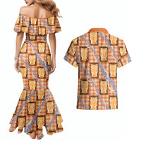 Aloha Hawaii Tiki Palaka Motifs Couples Matching Mermaid Dress and Hawaiian Shirt Honohono Lei Orange Elegant Vibes LT14 - Polynesian Pride