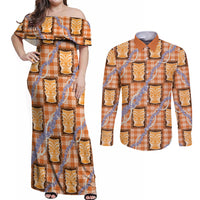 Aloha Hawaii Tiki Palaka Motifs Couples Matching Off Shoulder Maxi Dress and Long Sleeve Button Shirt Honohono Lei Orange Elegant Vibes LT14 Orange - Polynesian Pride