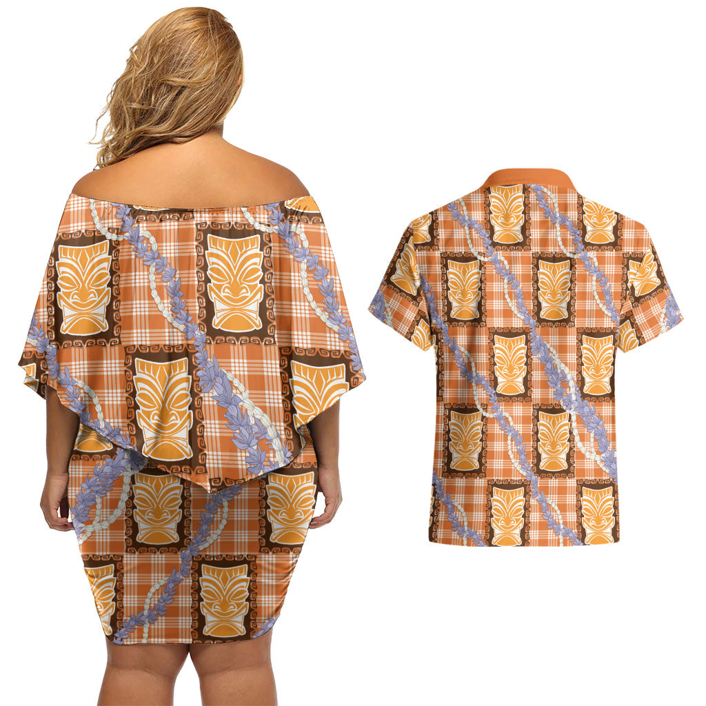 Aloha Hawaii Tiki Palaka Motifs Couples Matching Off Shoulder Short Dress and Hawaiian Shirt Honohono Lei Orange Elegant Vibes LT14 - Polynesian Pride