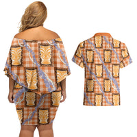 Aloha Hawaii Tiki Palaka Motifs Couples Matching Off Shoulder Short Dress and Hawaiian Shirt Honohono Lei Orange Elegant Vibes LT14 - Polynesian Pride