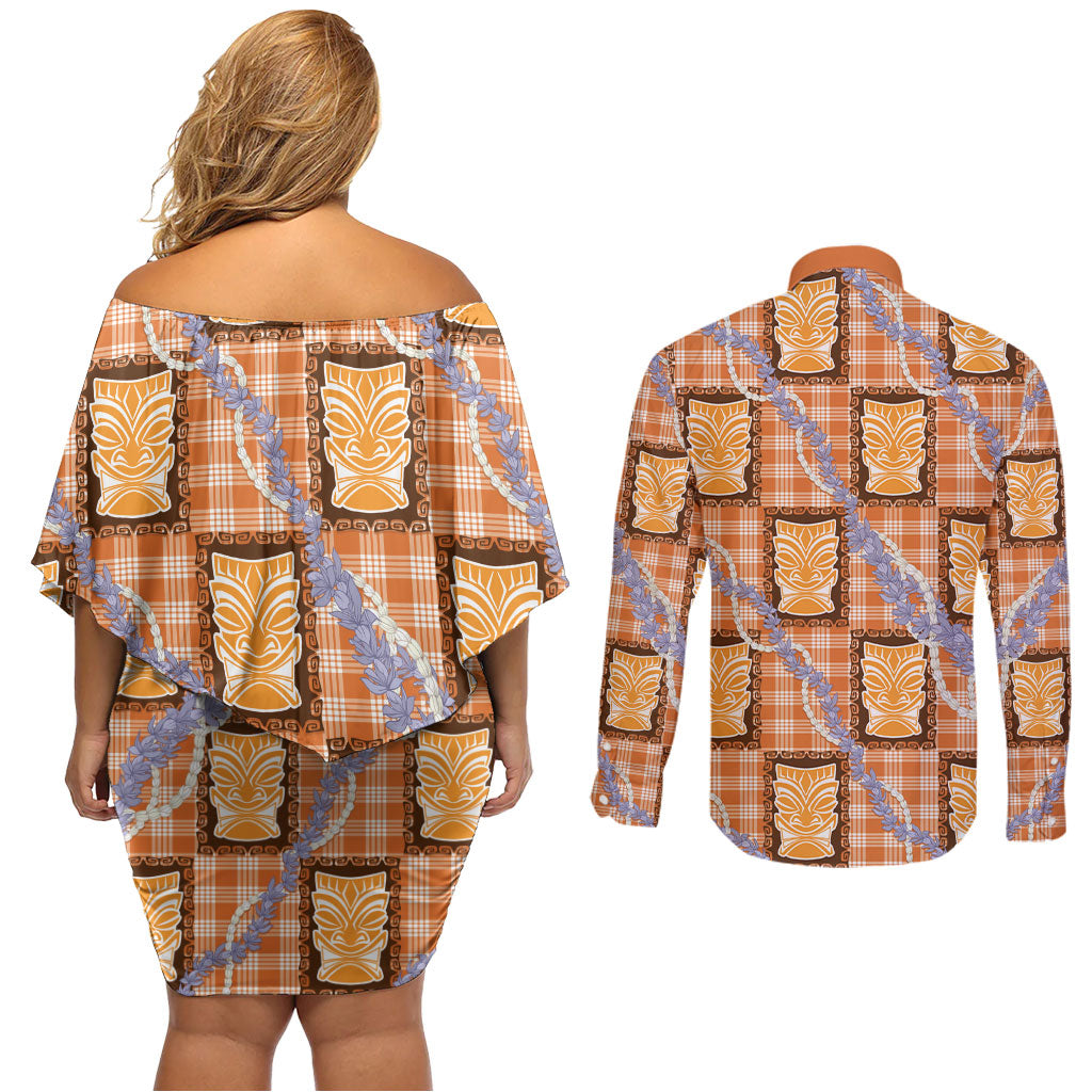 Aloha Hawaii Tiki Palaka Motifs Couples Matching Off Shoulder Short Dress and Long Sleeve Button Shirt Honohono Lei Orange Elegant Vibes LT14 - Polynesian Pride