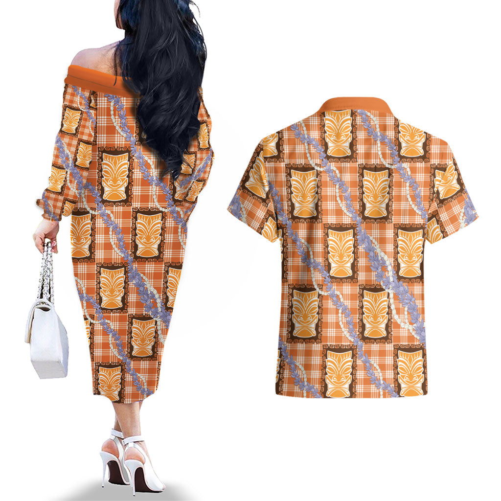 Aloha Hawaii Tiki Palaka Motifs Couples Matching Off The Shoulder Long Sleeve Dress and Hawaiian Shirt Honohono Lei Orange Elegant Vibes LT14 - Polynesian Pride