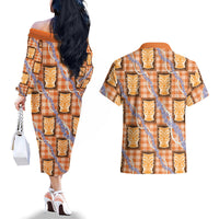 Aloha Hawaii Tiki Palaka Motifs Couples Matching Off The Shoulder Long Sleeve Dress and Hawaiian Shirt Honohono Lei Orange Elegant Vibes LT14 - Polynesian Pride