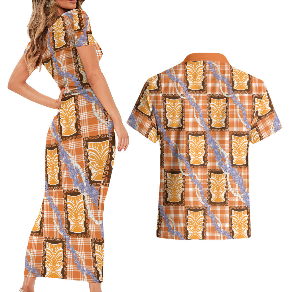 Aloha Hawaii Tiki Palaka Motifs Couples Matching Short Sleeve Bodycon Dress and Hawaiian Shirt Honohono Lei Orange Elegant Vibes LT14 - Polynesian Pride