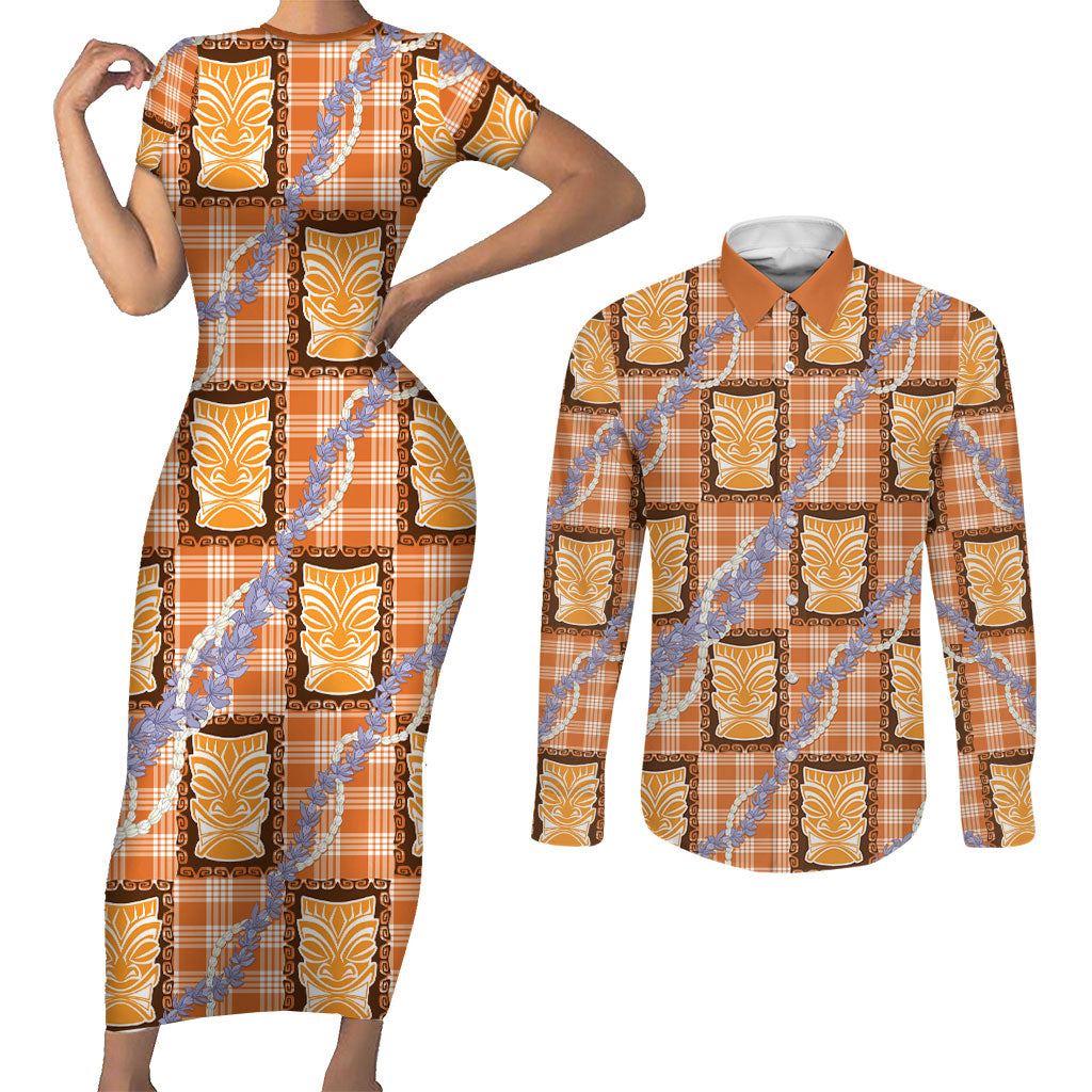 Aloha Hawaii Tiki Palaka Motifs Couples Matching Short Sleeve Bodycon Dress and Long Sleeve Button Shirt Honohono Lei Orange Elegant Vibes LT14 Orange - Polynesian Pride