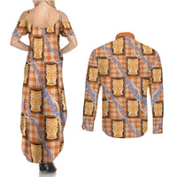 Aloha Hawaii Tiki Palaka Motifs Couples Matching Summer Maxi Dress and Long Sleeve Button Shirt Honohono Lei Orange Elegant Vibes LT14 - Polynesian Pride