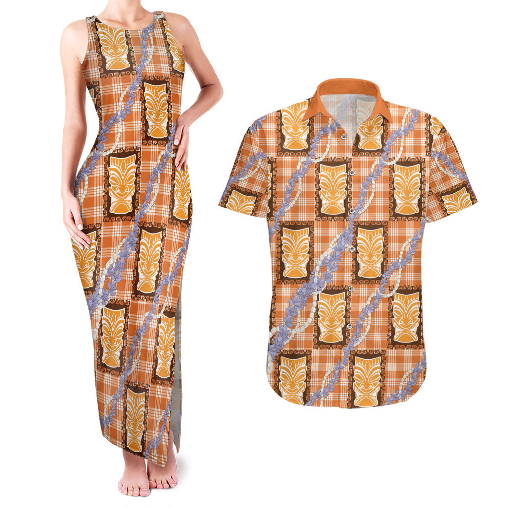 Aloha Hawaii Tiki Palaka Motifs Couples Matching Tank Maxi Dress and Hawaiian Shirt Honohono Lei Orange Elegant Vibes LT14 Orange - Polynesian Pride