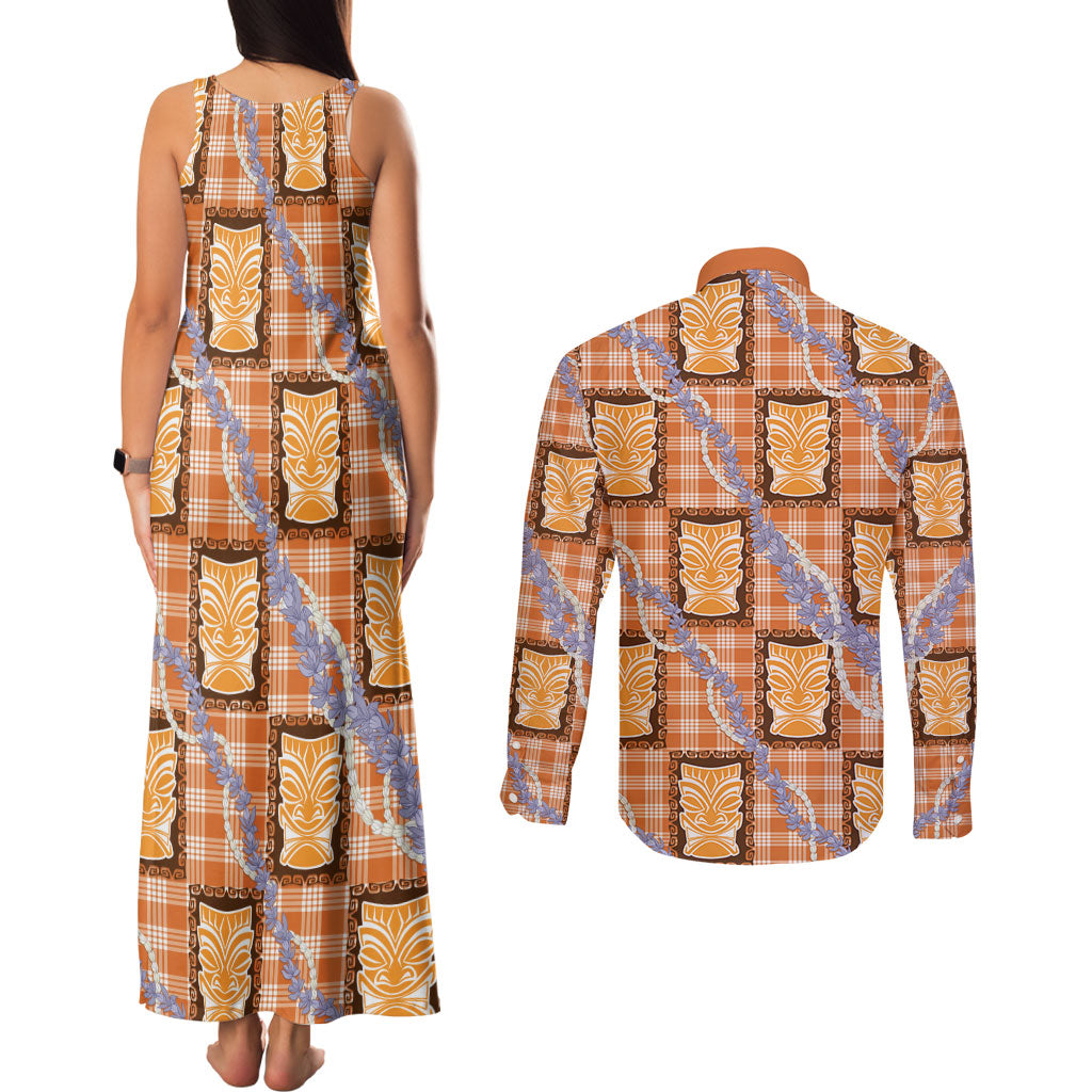 Aloha Hawaii Tiki Palaka Motifs Couples Matching Tank Maxi Dress and Long Sleeve Button Shirt Honohono Lei Orange Elegant Vibes LT14 - Polynesian Pride