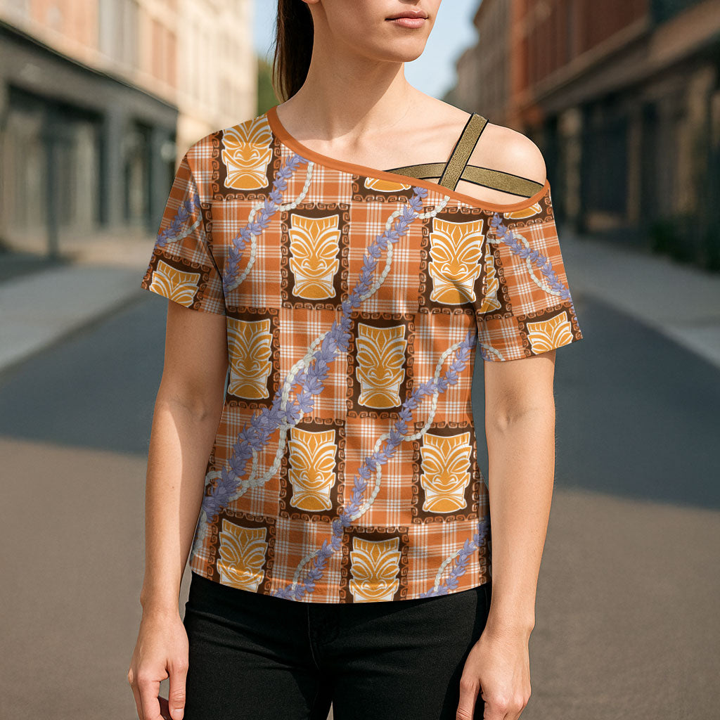 Aloha Hawaii Tiki Palaka Motifs Cross Shoulder Shirt Honohono Lei Orange Elegant Vibes