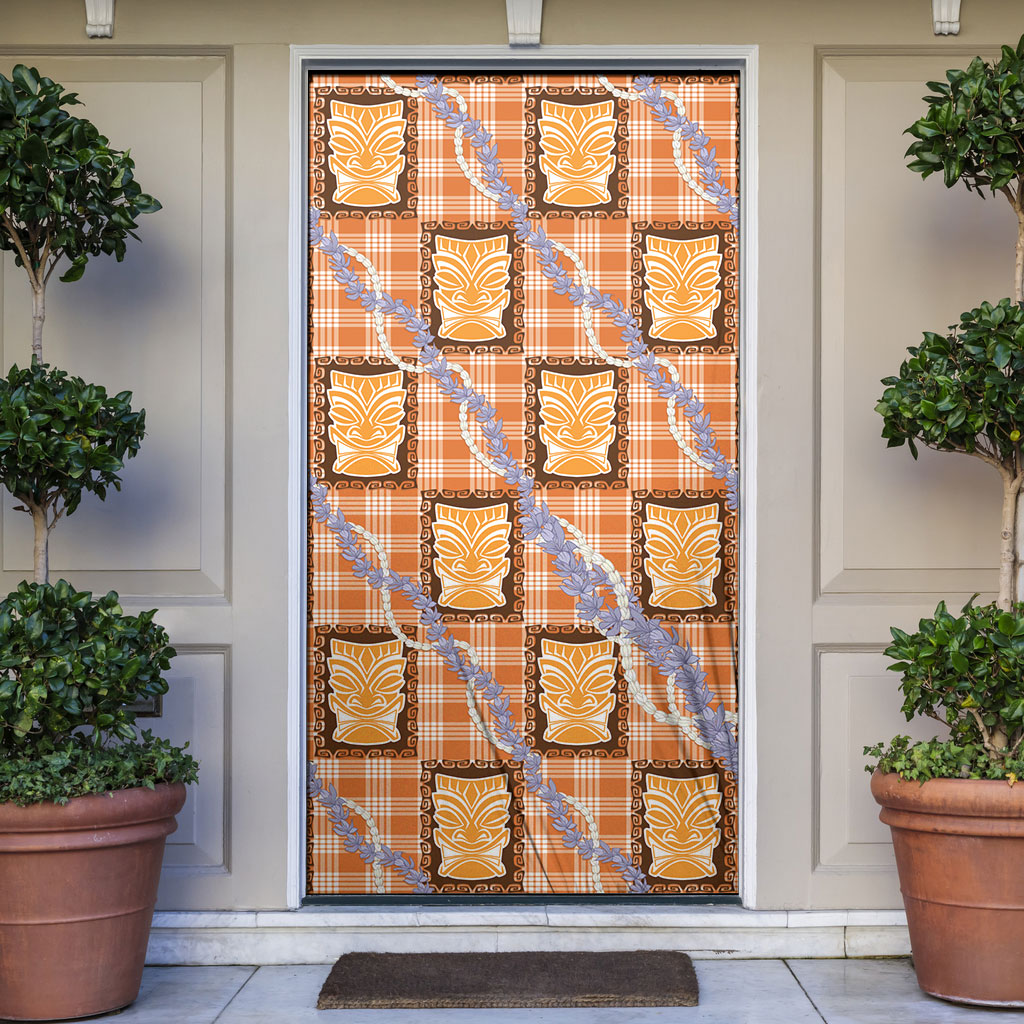 Aloha Hawaii Tiki Palaka Motifs Door Cover Honohono Lei Orange Elegant Vibes