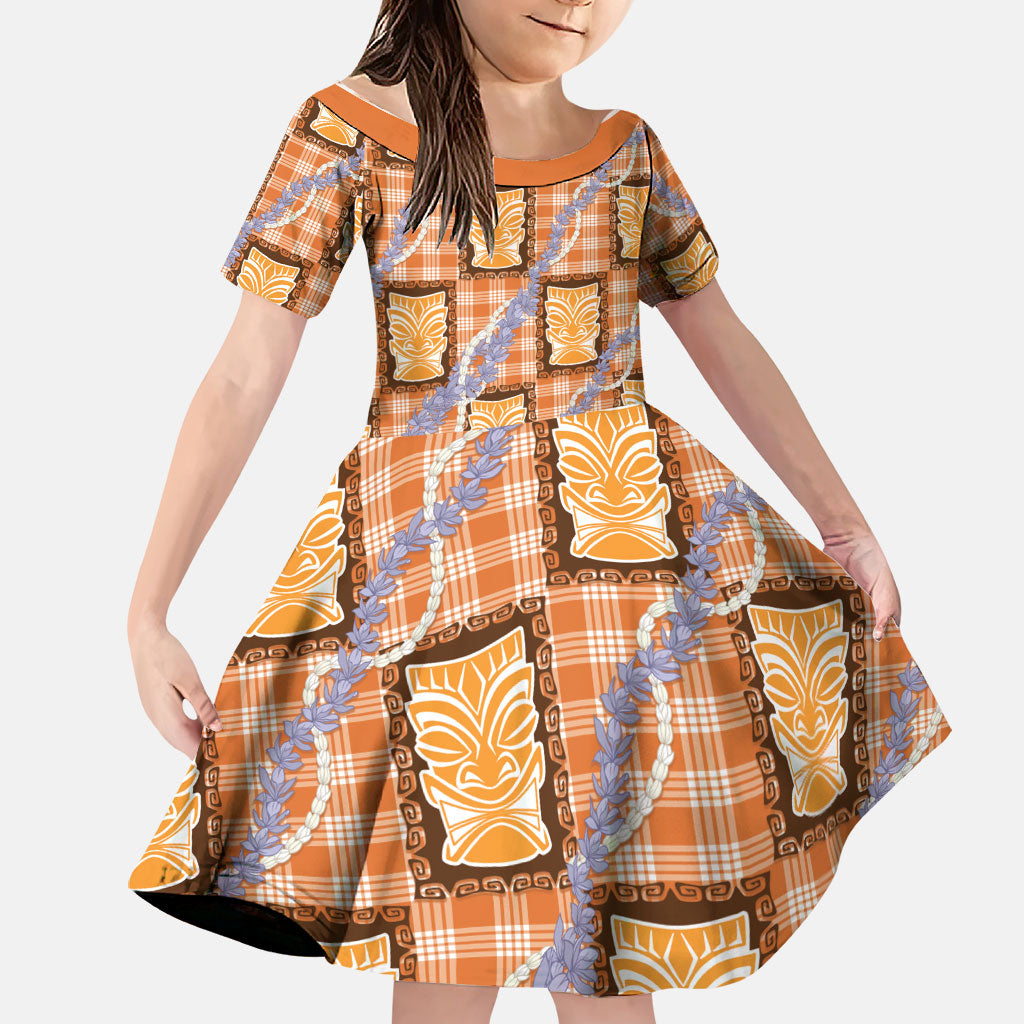 Aloha Hawaii Tiki Palaka Motifs Family Matching Mermaid Dress and Hawaiian Shirt Honohono Lei Orange Elegant Vibes LT14 Daughter's Dress Orange - Polynesian Pride