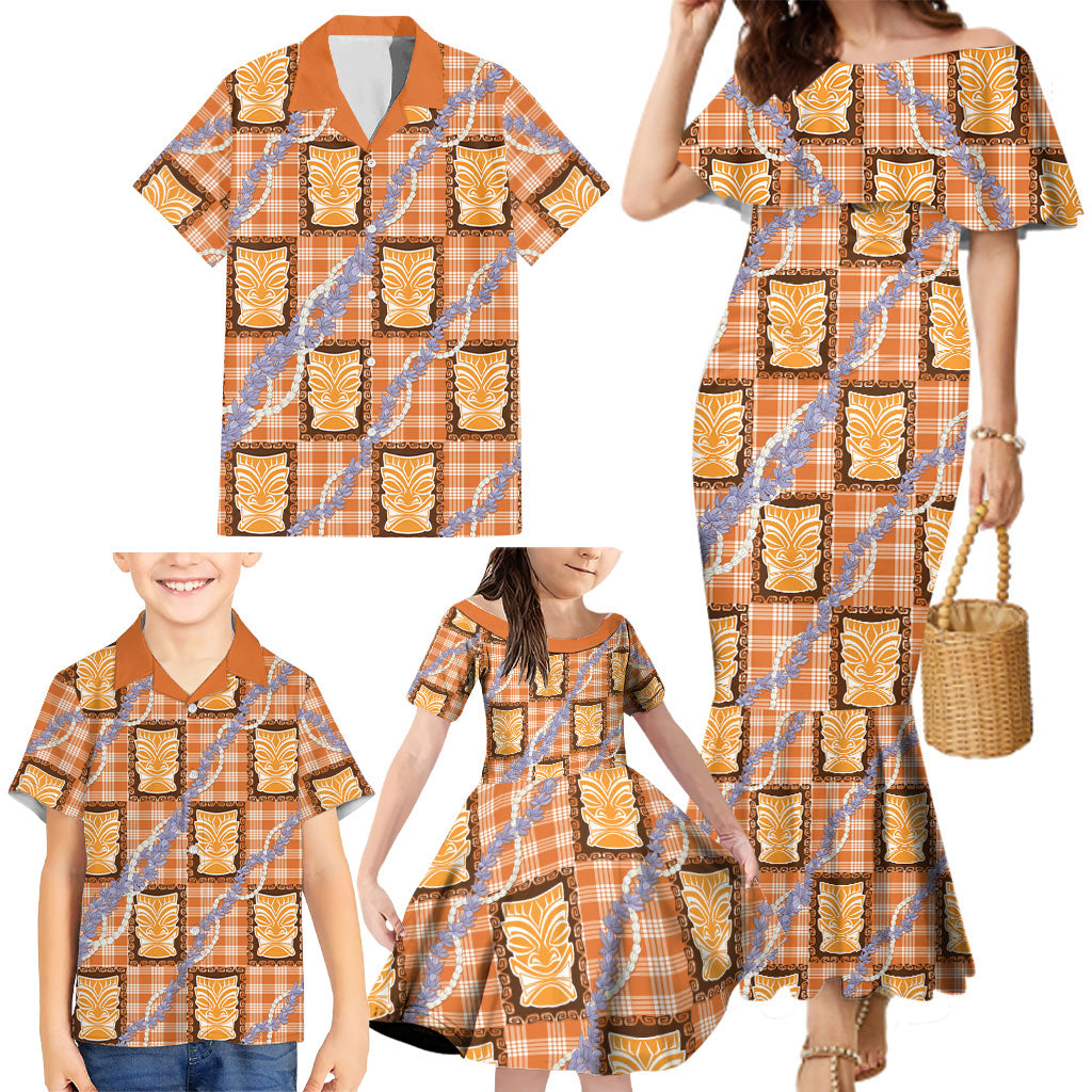 Aloha Hawaii Tiki Palaka Motifs Family Matching Mermaid Dress and Hawaiian Shirt Honohono Lei Orange Elegant Vibes LT14 - Polynesian Pride