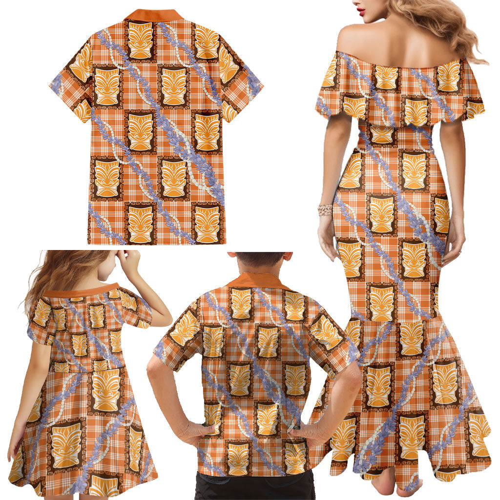 Aloha Hawaii Tiki Palaka Motifs Family Matching Mermaid Dress and Hawaiian Shirt Honohono Lei Orange Elegant Vibes LT14 - Polynesian Pride