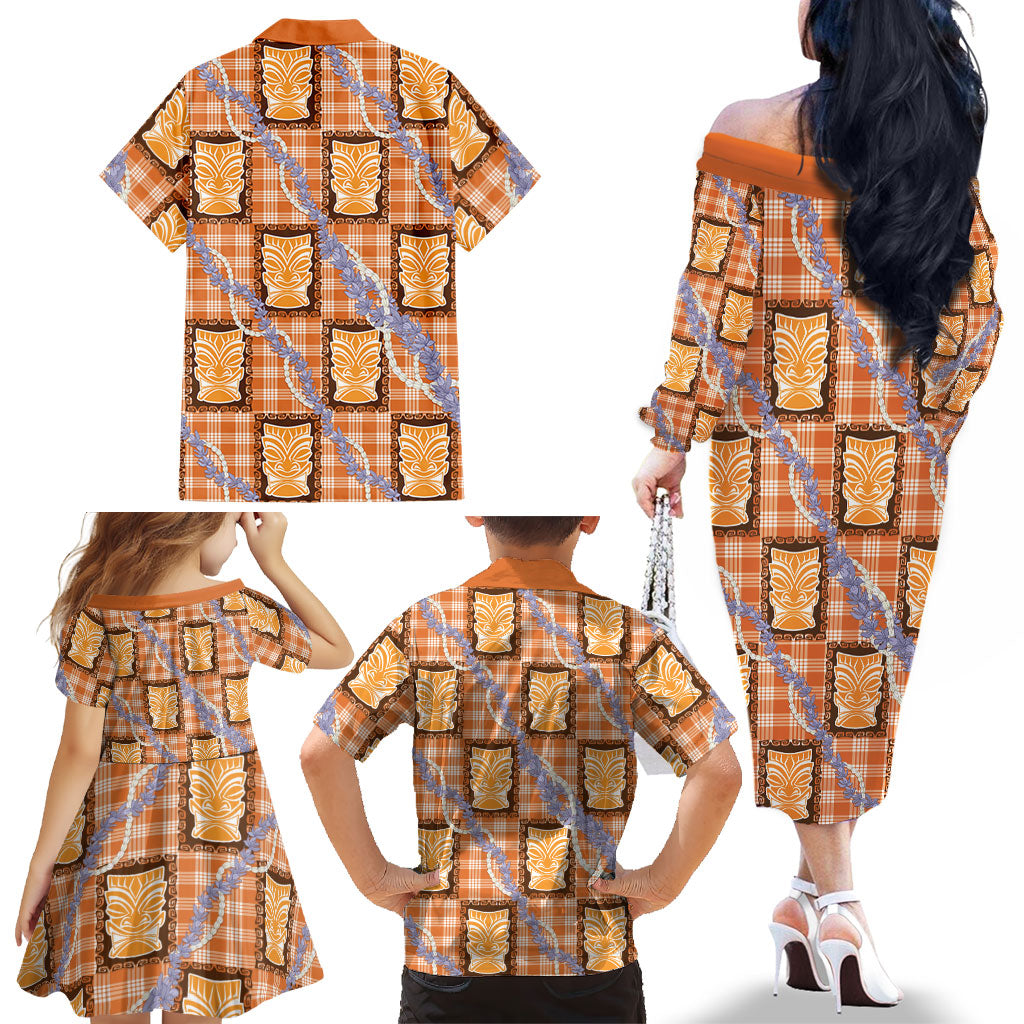 Aloha Hawaii Tiki Palaka Motifs Family Matching Off The Shoulder Long Sleeve Dress and Hawaiian Shirt Honohono Lei Orange Elegant Vibes LT14 - Polynesian Pride