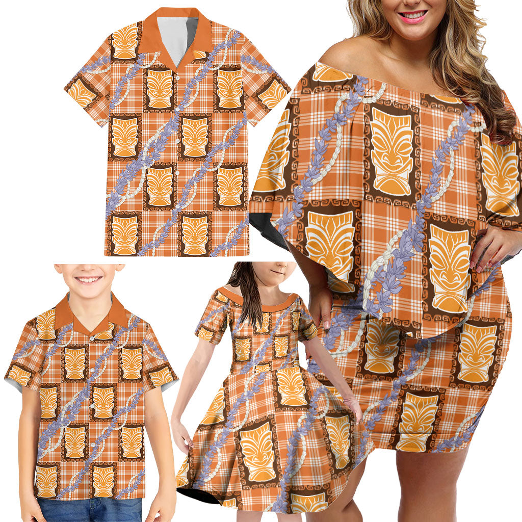 Aloha Hawaii Tiki Palaka Motifs Family Matching Off Shoulder Short Dress and Hawaiian Shirt Honohono Lei Orange Elegant Vibes