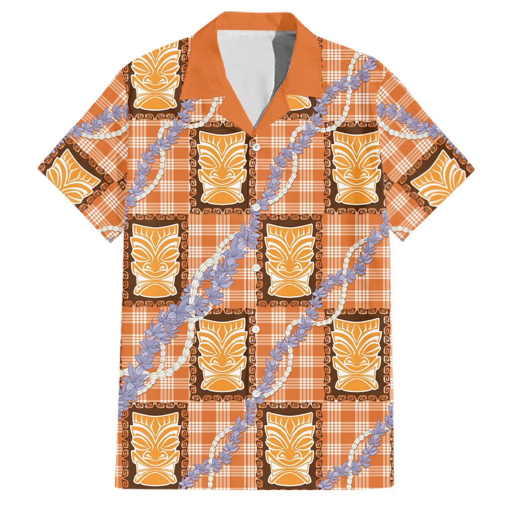 Aloha Hawaii Tiki Palaka Motifs Family Matching Off Shoulder Short Dress and Hawaiian Shirt Honohono Lei Orange Elegant Vibes LT14 Dad's Shirt - Short Sleeve Orange - Polynesian Pride