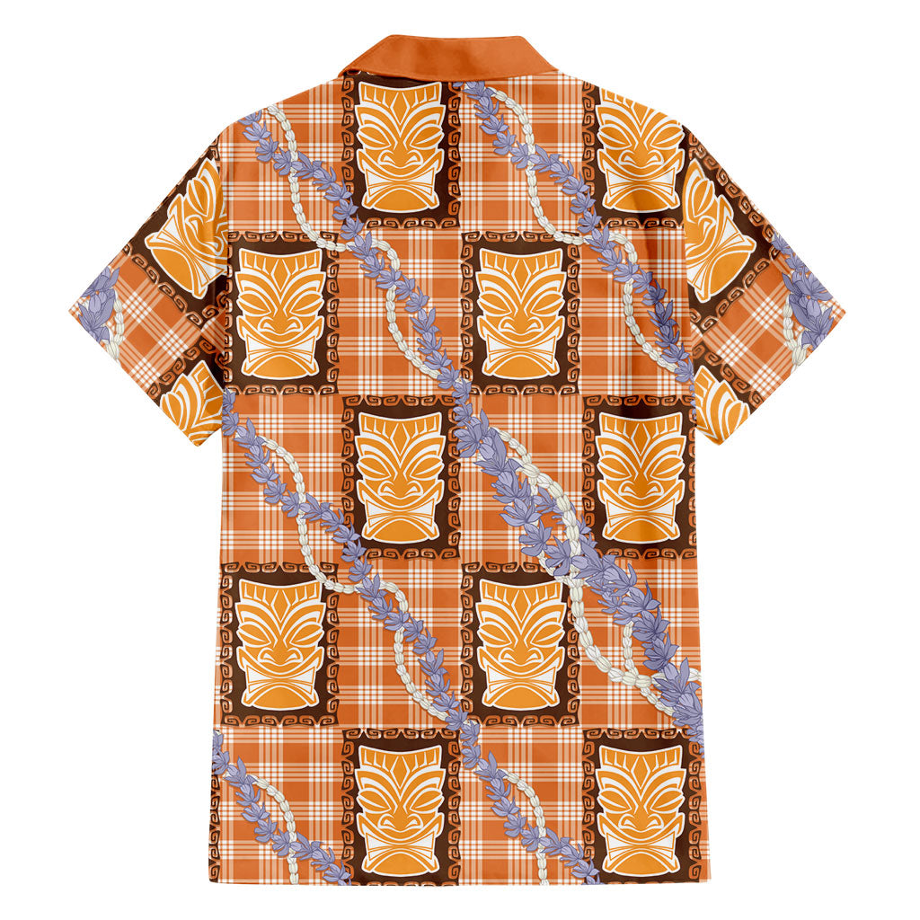 Aloha Hawaii Tiki Palaka Motifs Family Matching Off Shoulder Short Dress and Hawaiian Shirt Honohono Lei Orange Elegant Vibes LT14 - Polynesian Pride