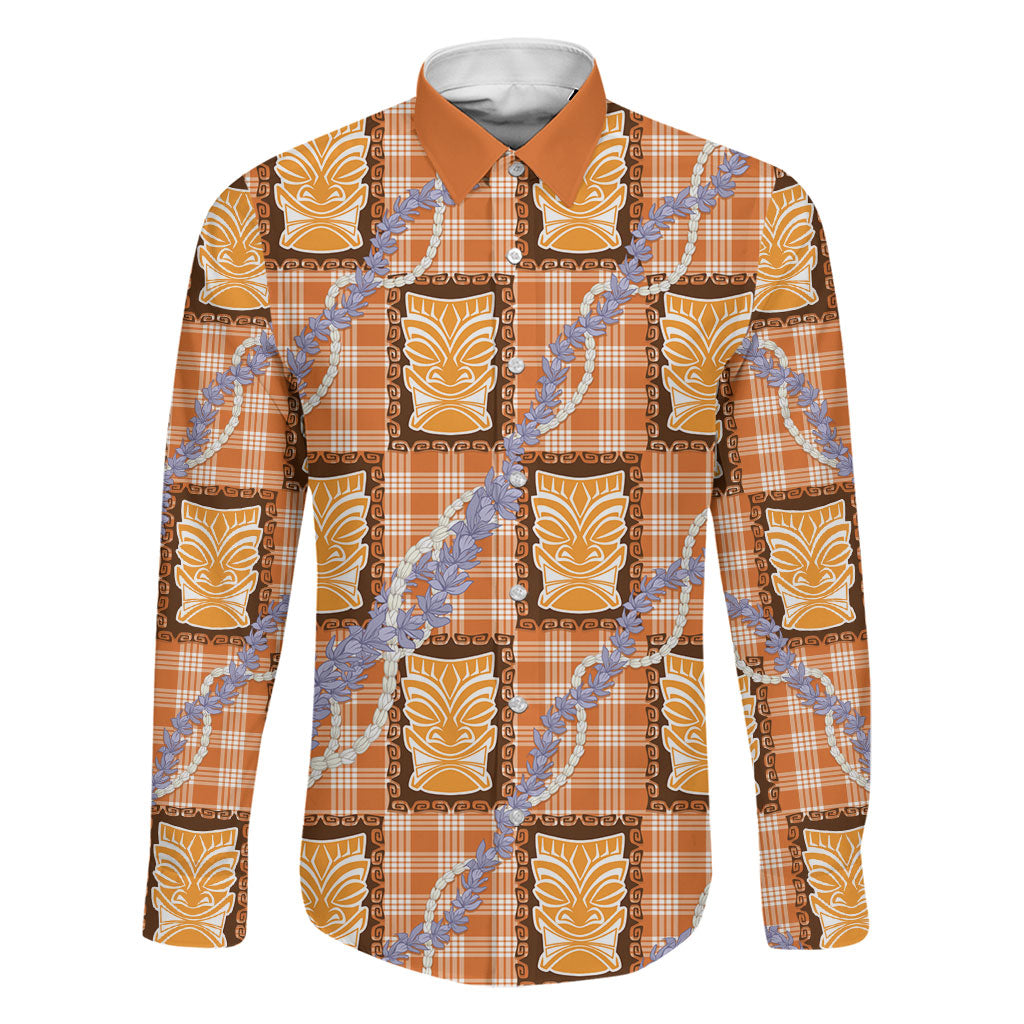 Aloha Hawaii Tiki Palaka Motifs Family Matching Puletasi and Hawaiian Shirt Honohono Lei Orange Elegant Vibes LT14 Dad's Shirt - Long Sleeve Orange - Polynesian Pride