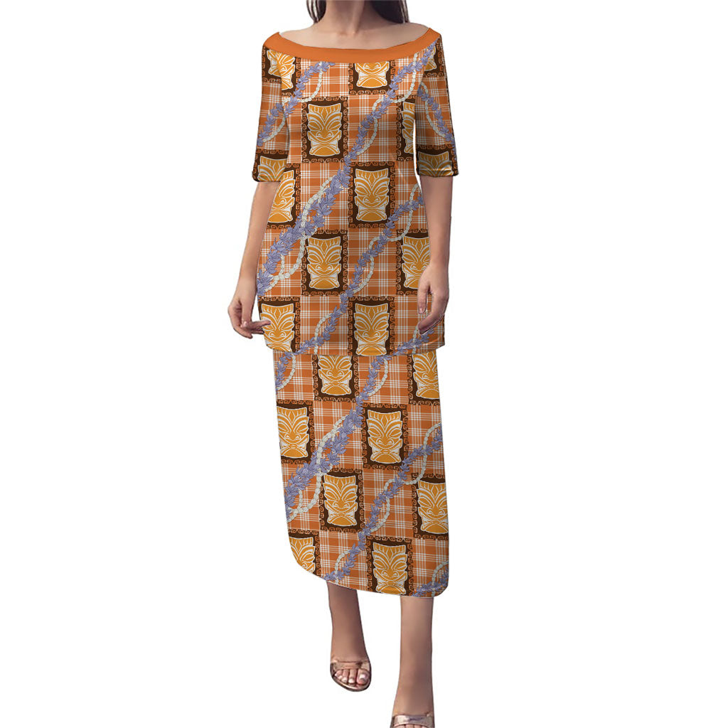 Aloha Hawaii Tiki Palaka Motifs Family Matching Puletasi and Hawaiian Shirt Honohono Lei Orange Elegant Vibes LT14 Mom's Dress Orange - Polynesian Pride