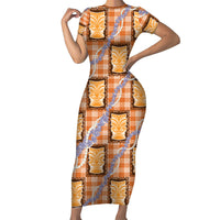 Aloha Hawaii Tiki Palaka Motifs Family Matching Short Sleeve Bodycon Dress and Hawaiian Shirt Honohono Lei Orange Elegant Vibes LT14 Mom's Dress Orange - Polynesian Pride