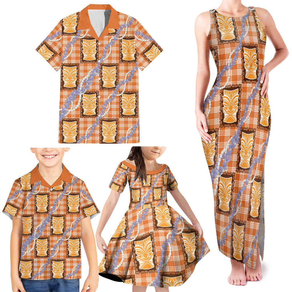 Aloha Hawaii Tiki Palaka Motifs Family Matching Tank Maxi Dress and Hawaiian Shirt Honohono Lei Orange Elegant Vibes