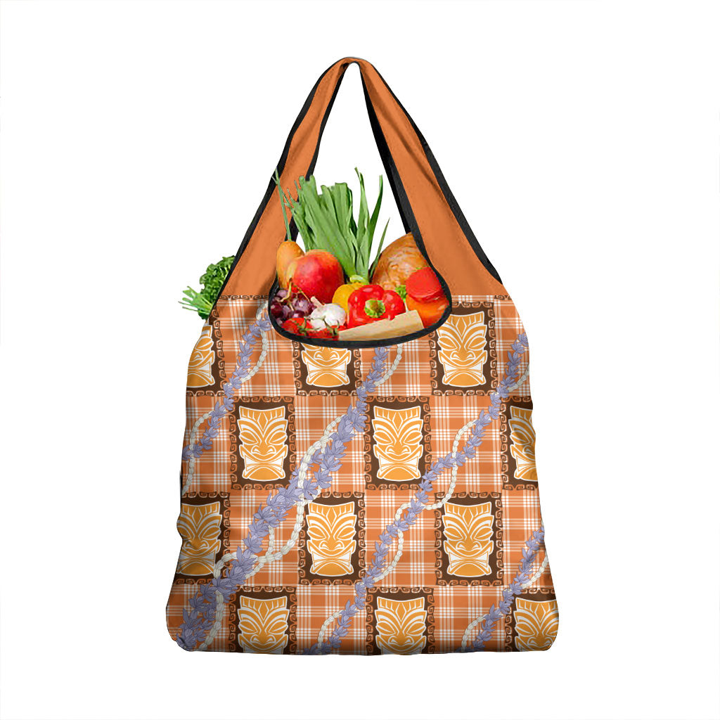 Aloha Hawaii Tiki Palaka Motifs Grocery Bag Honohono Lei Orange Elegant Vibes