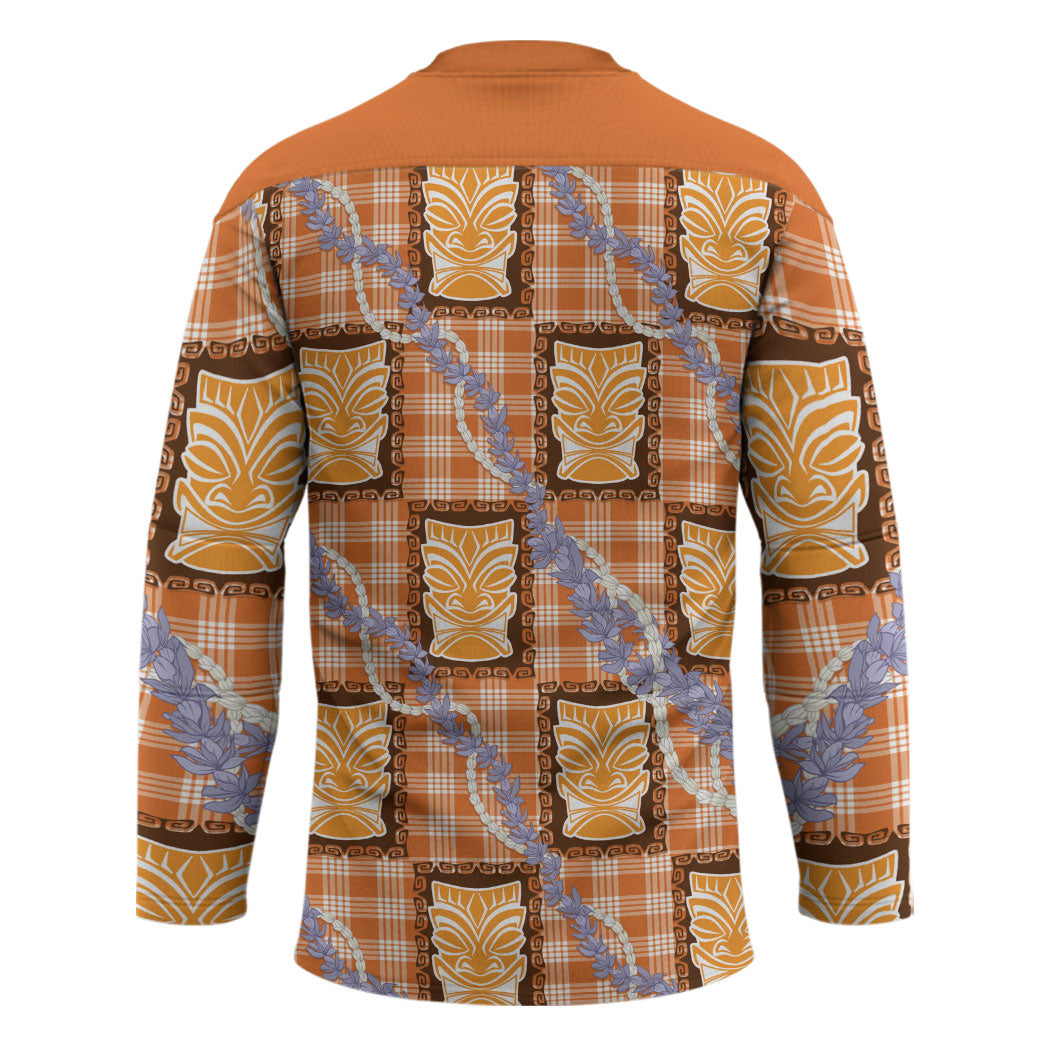 Aloha Hawaii Tiki Palaka Motifs Hockey Jersey Honohono Lei Orange Elegant Vibes