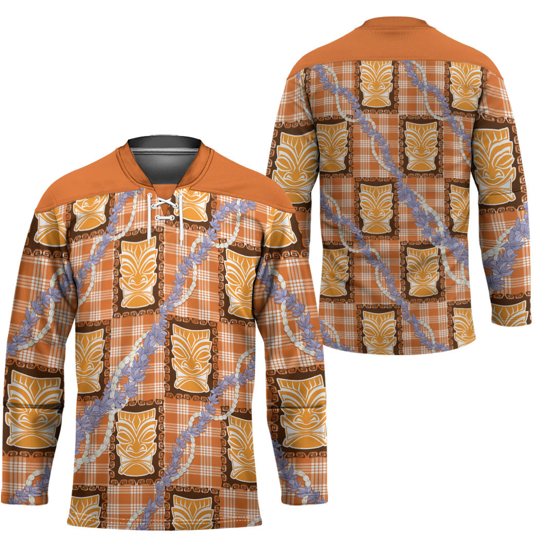 Aloha Hawaii Tiki Palaka Motifs Hockey Jersey Honohono Lei Orange Elegant Vibes
