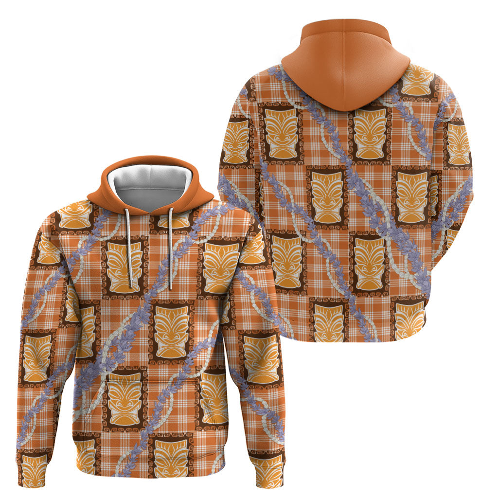 Aloha Hawaii Tiki Palaka Motifs Hoodie Honohono Lei Orange Elegant Vibes