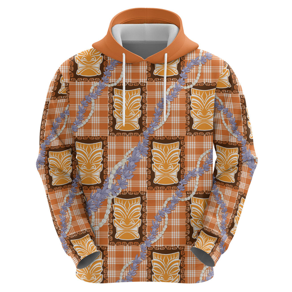 Aloha Hawaii Tiki Palaka Motifs Hoodie Honohono Lei Orange Elegant Vibes