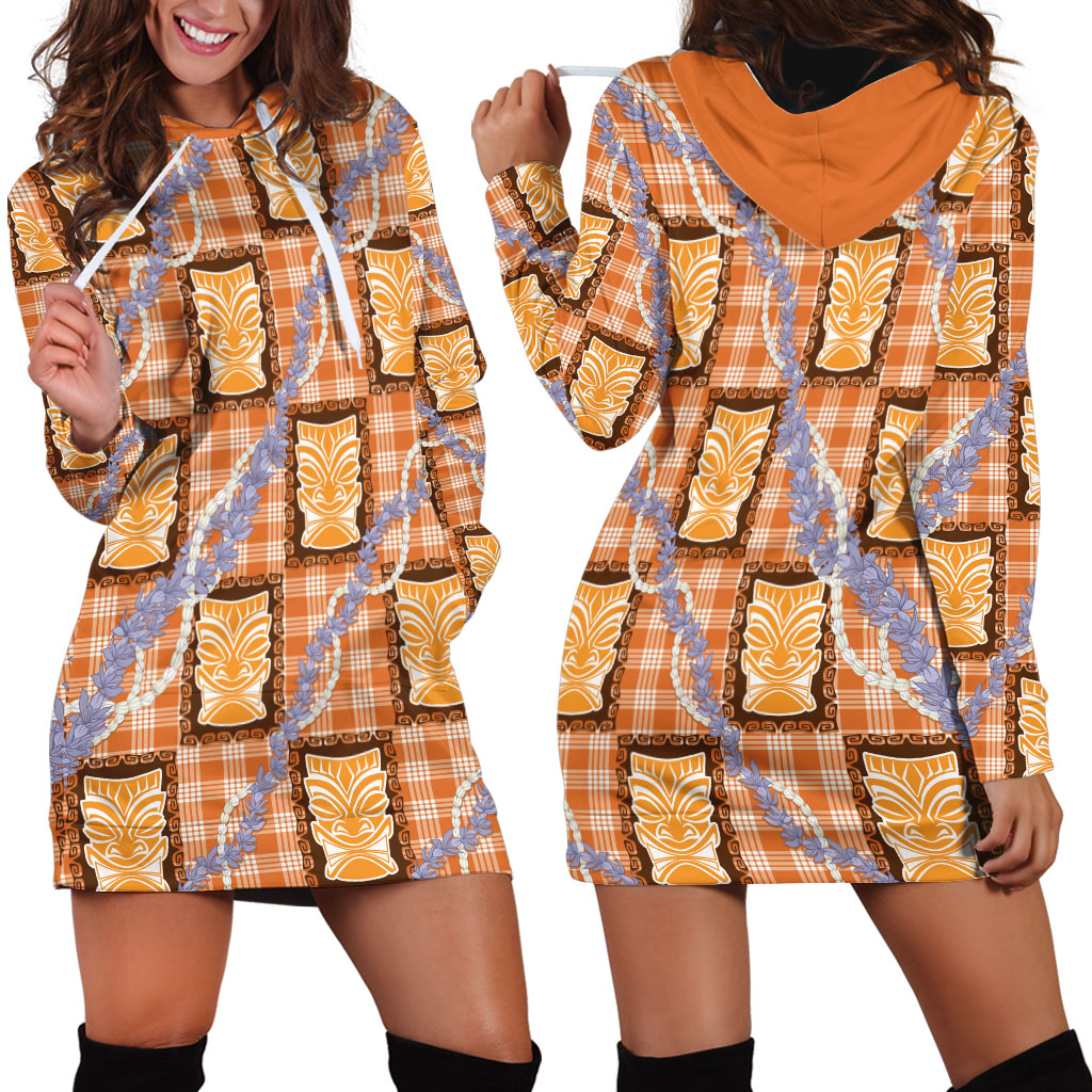 Aloha Hawaii Tiki Palaka Motifs Hoodie Dress Honohono Lei Orange Elegant Vibes LT14 - Polynesian Pride
