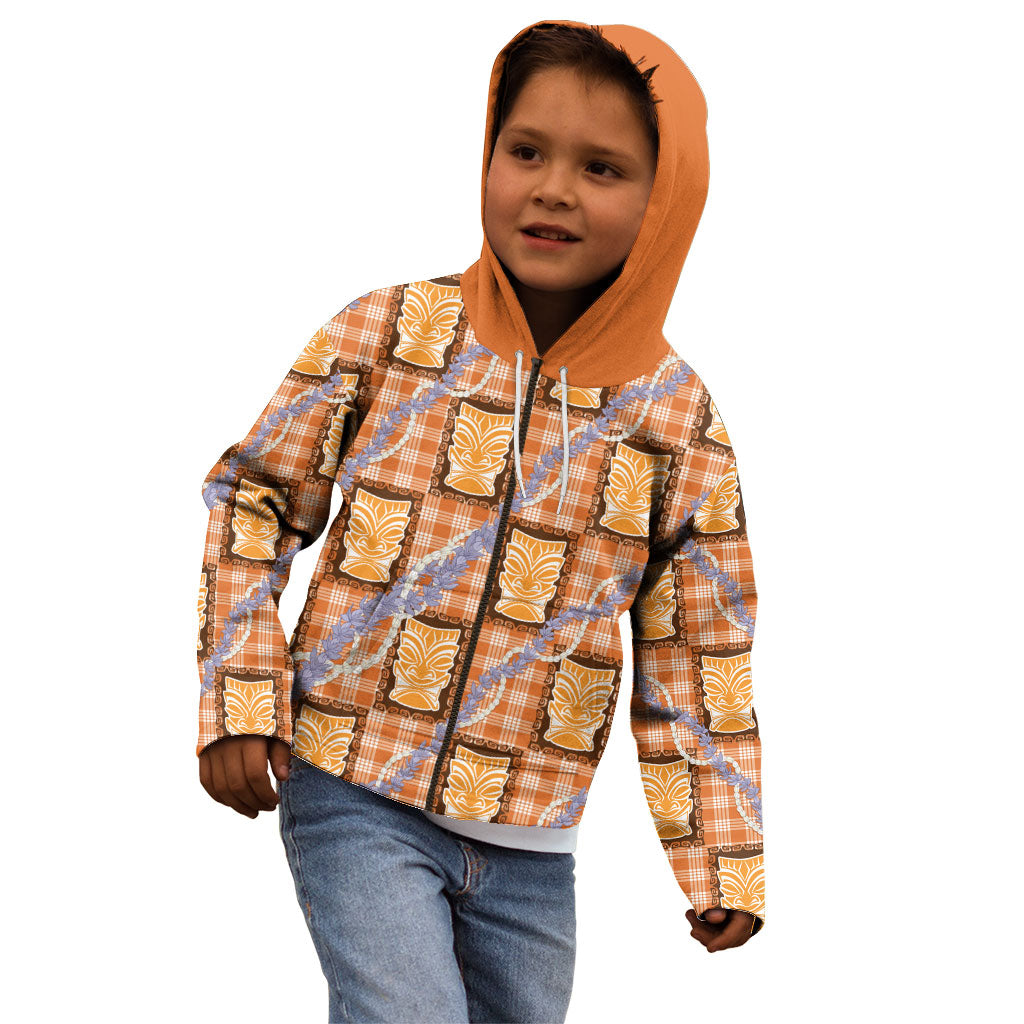 Aloha Hawaii Tiki Palaka Motifs Kid Hoodie Honohono Lei Orange Elegant Vibes